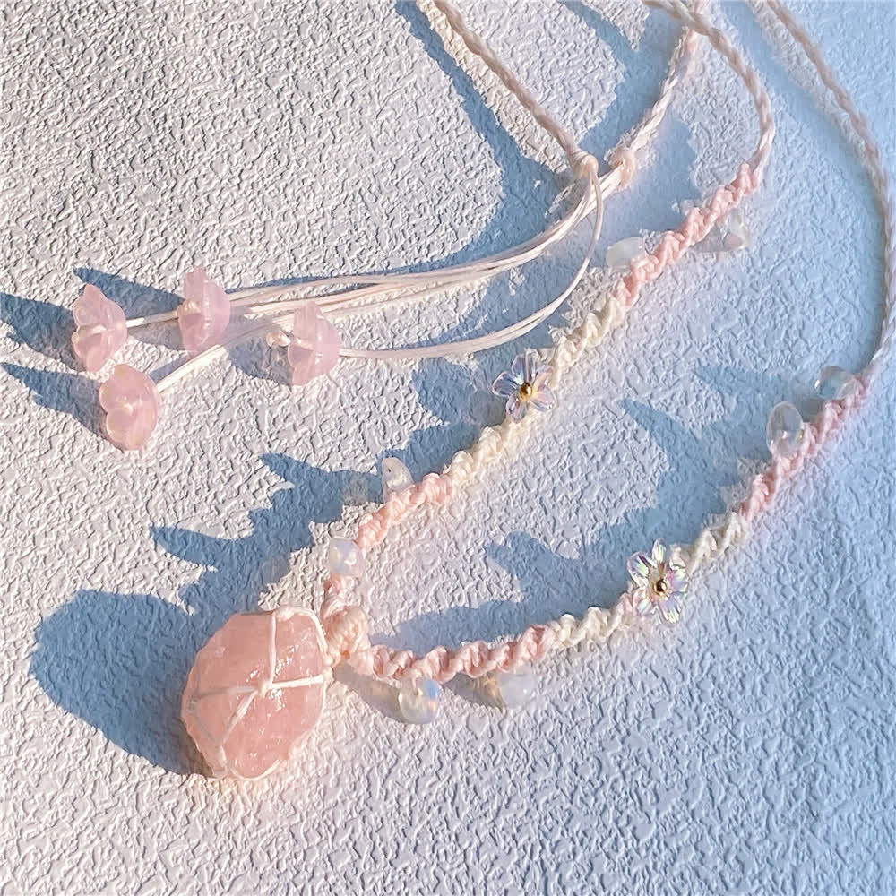 Collier tressé en cristal de quartz rose et opalite Olivenorma