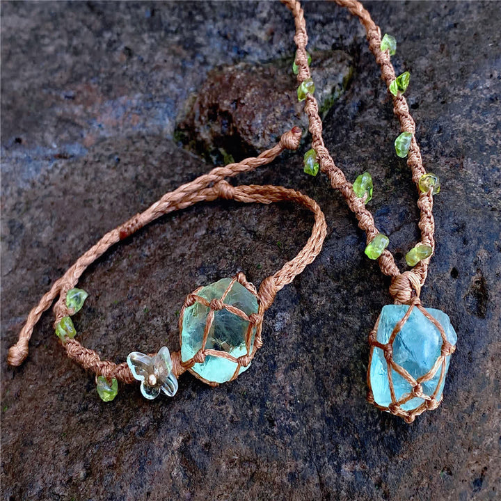 Collier et bracelet tressé en cristal de fluorite verte Olivenorma