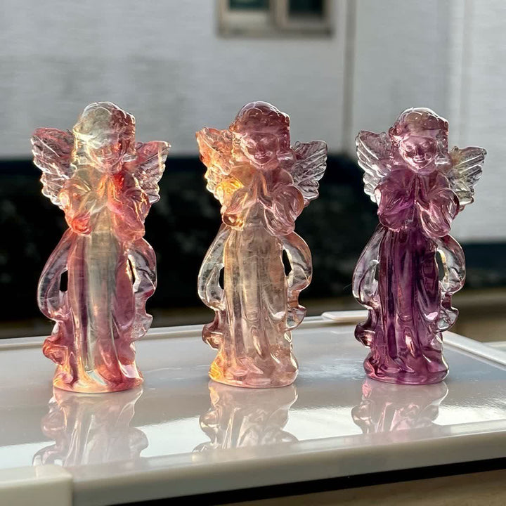 Décoration en pierre précieuse sculptée d'ange en fluorite arc-en-ciel naturelle Olivenorma