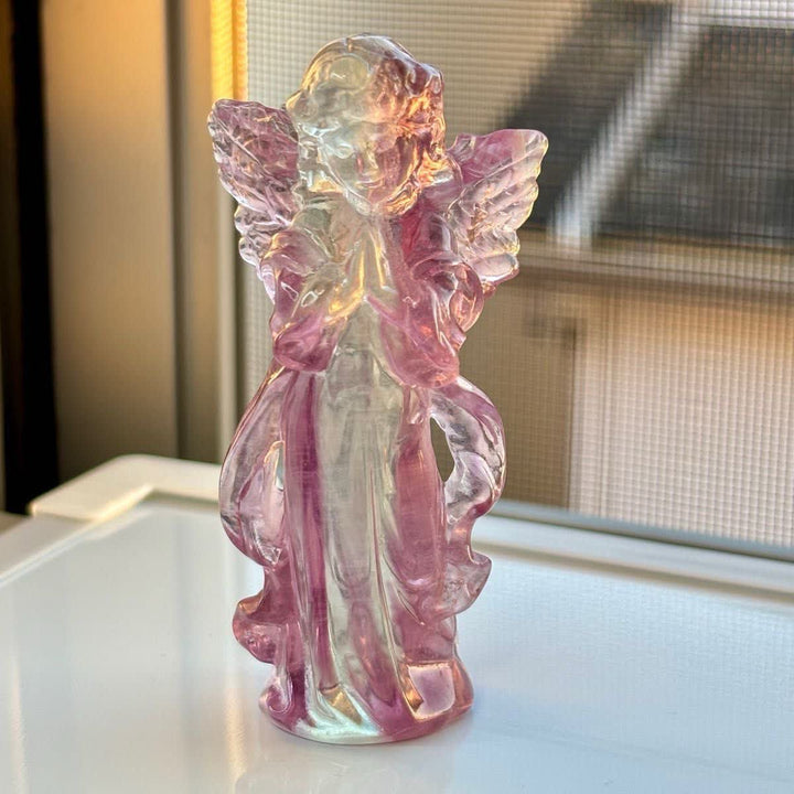 Décoration en pierre précieuse sculptée d'ange en fluorite arc-en-ciel naturelle Olivenorma