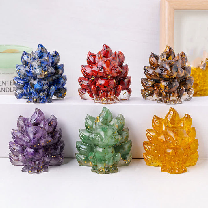 Décoration en pierre précieuse sculptée en résine de cristal Olivenorma représentant un renard à neuf queues