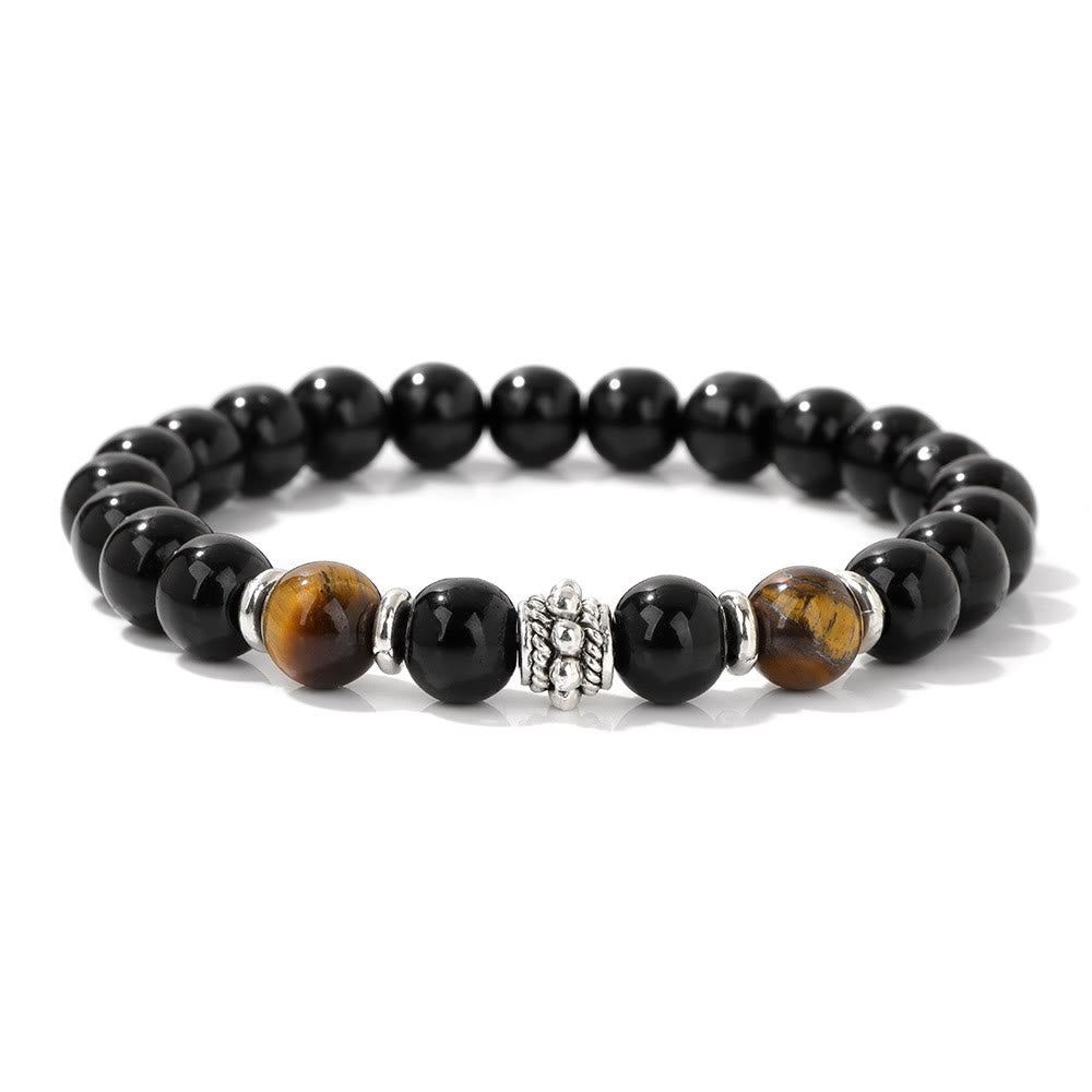 Bracelet réglable en perles d'obsidienne naturelle et œil de tigre Olivenorma