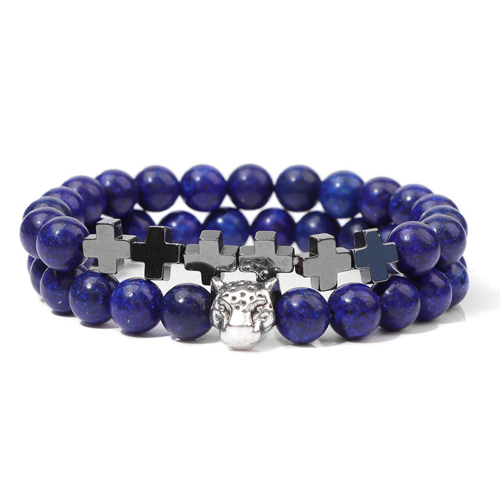 Bracelet à perles en pierres précieuses avec breloque en forme de croix et tête de léopard Olivenorma, 2 pièces