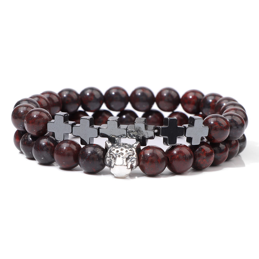 Bracelet à perles en pierres précieuses avec breloque en forme de croix et tête de léopard Olivenorma, 2 pièces