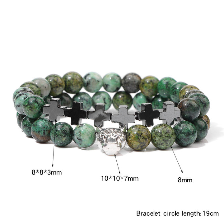 Bracelet à perles en pierres précieuses avec breloque en forme de croix et tête de léopard Olivenorma, 2 pièces
