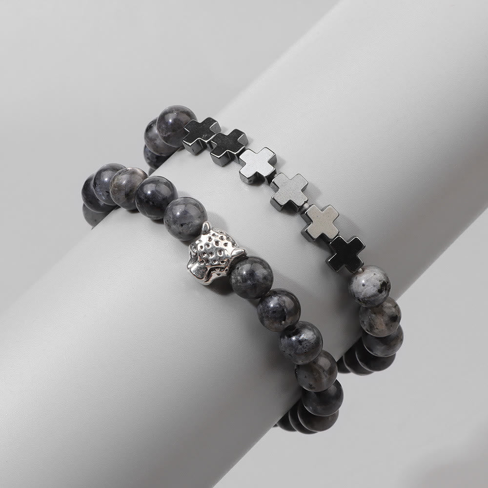 Bracelet à perles en pierres précieuses avec breloque en forme de croix et tête de léopard Olivenorma, 2 pièces