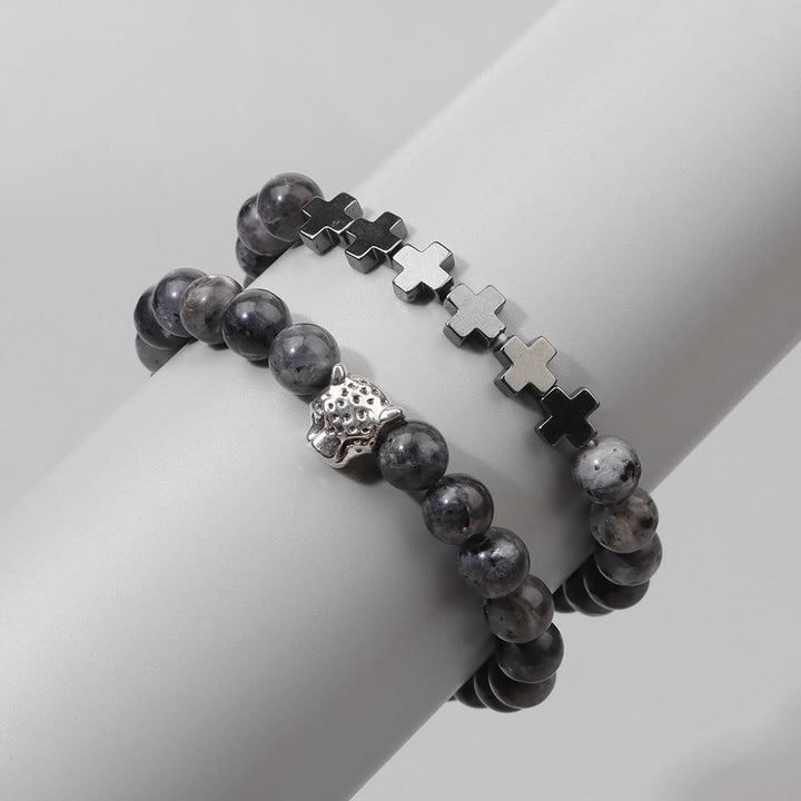 Bracelet à perles en pierres précieuses avec breloque en forme de croix et tête de léopard Olivenorma, 2 pièces