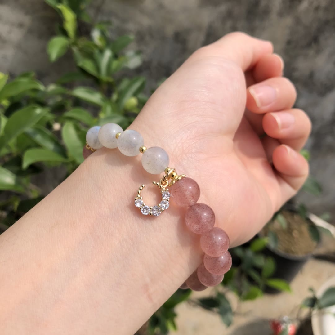Bracelet à breloques en quartz fraise et labradorite naturel Olivenorma