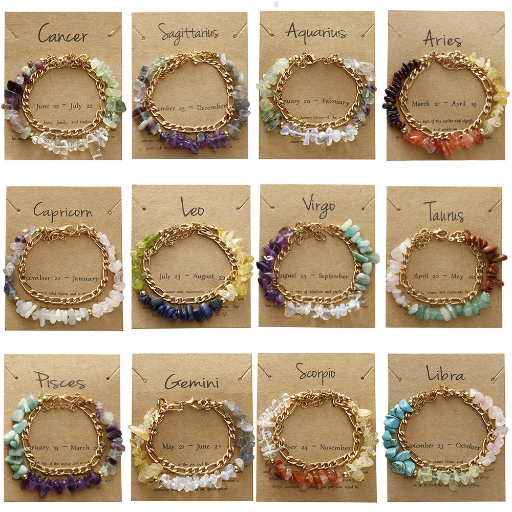 Bracelet en métal avec perles de gravier naturel Olivenorma et signe du zodiaque