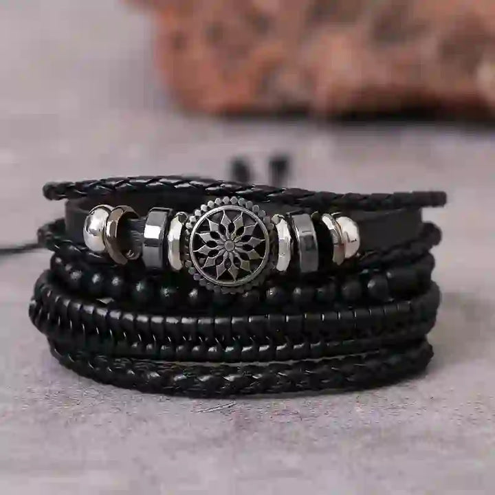 Bracelet multicouches en cuir synthétique vintage Olivenorma - Noir - image 0