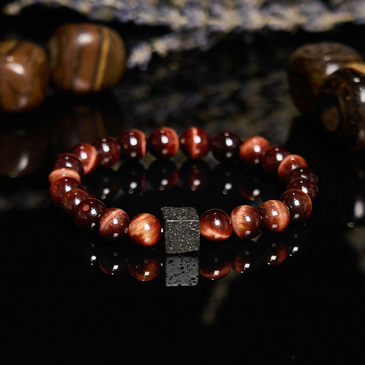 Bracelet en perles de pierre de lave et œil de tigre rouge Olivenorma