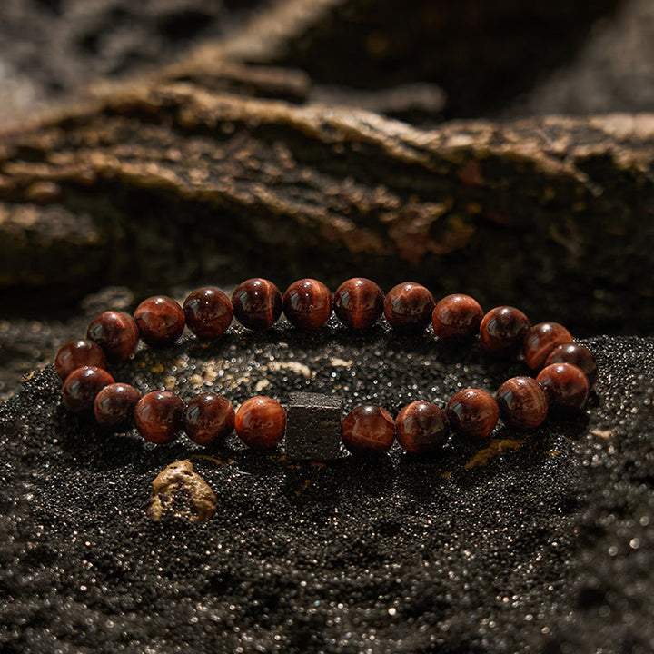 Bracelet en perles de pierre de lave et œil de tigre rouge Olivenorma
