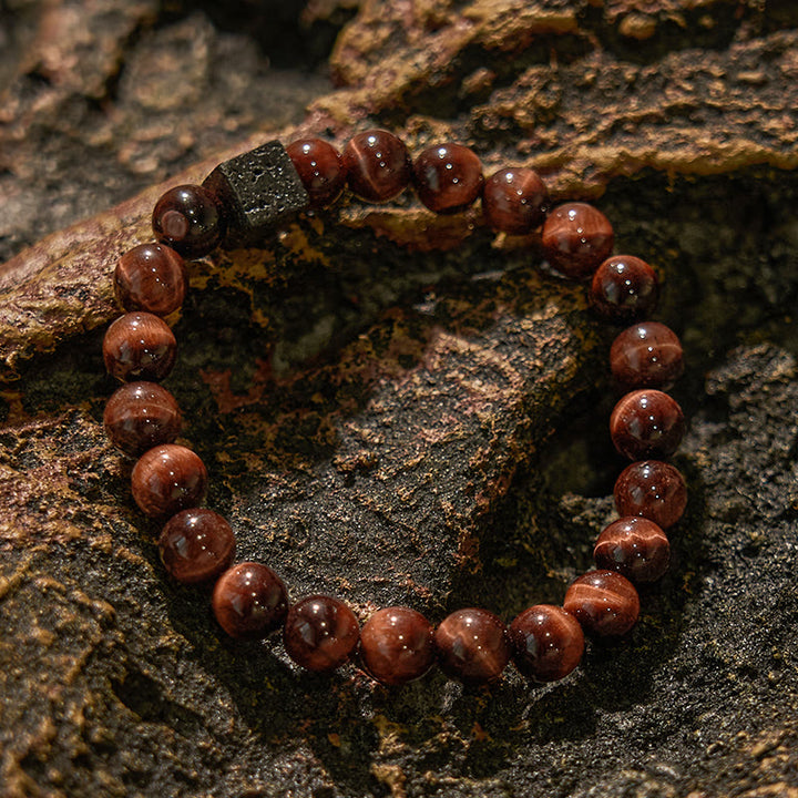 Bracelet en perles de pierre de lave et œil de tigre rouge Olivenorma
