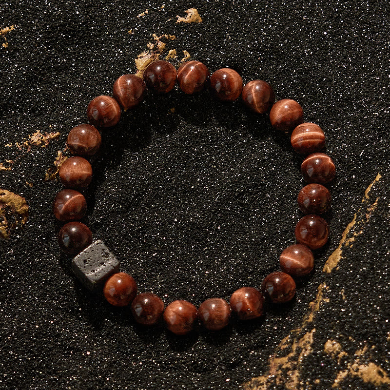 Bracelet en perles de pierre de lave et œil de tigre rouge Olivenorma