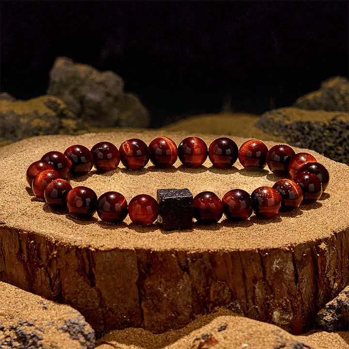 Bracelet en perles de pierre de lave et œil de tigre rouge Olivenorma