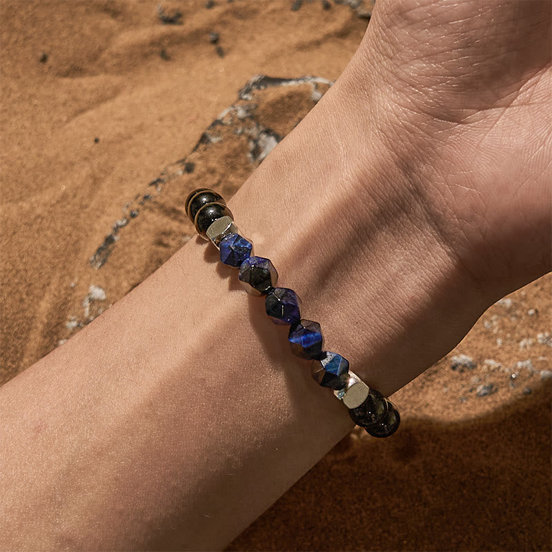 Bracelet en perles d'obsidienne œil de tigre bleu à facettes Olivenorma