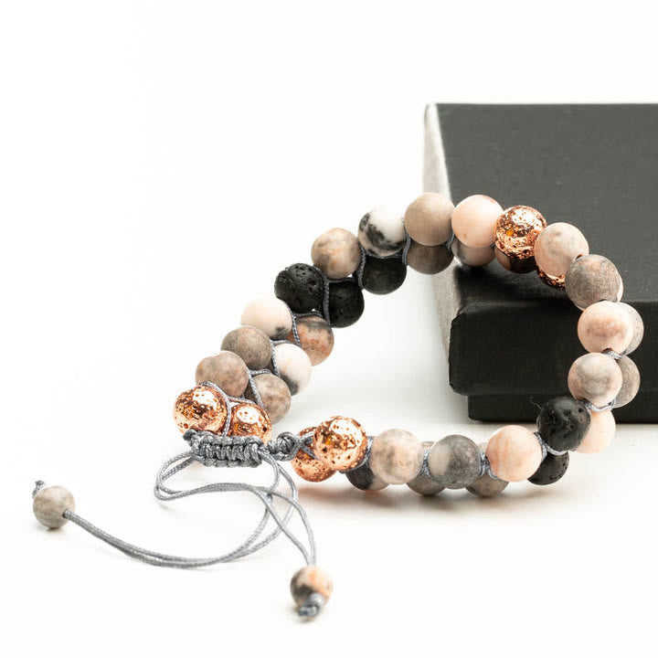 Bracelet tressé Olivenorma 2 couches en pierre de lave et jaspe zèbre rose