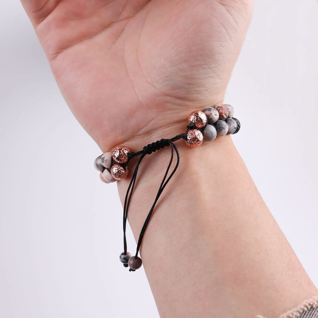 Bracelet tressé Olivenorma 2 couches en pierre de lave et jaspe zèbre rose