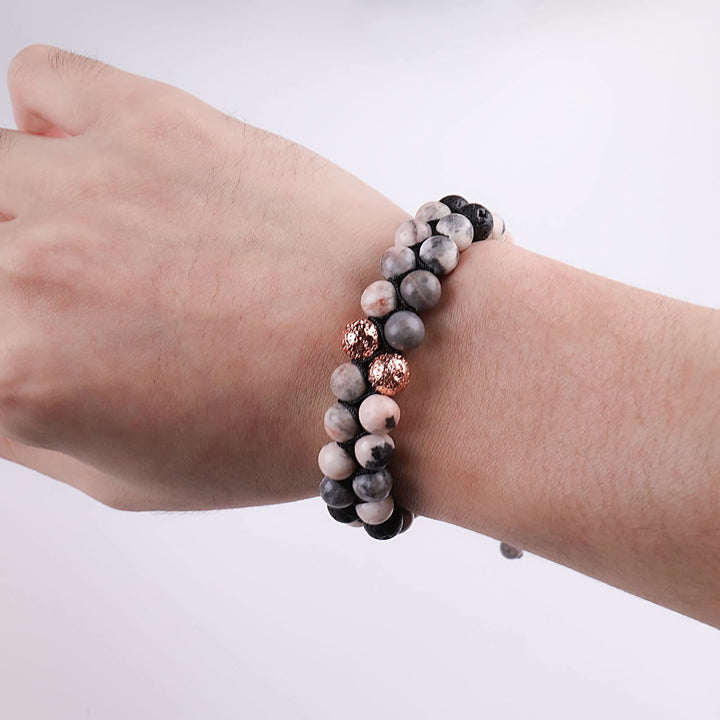 Bracelet tressé Olivenorma 2 couches en pierre de lave et jaspe zèbre rose