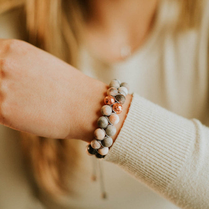 Bracelet tressé Olivenorma 2 couches en pierre de lave et jaspe zèbre rose