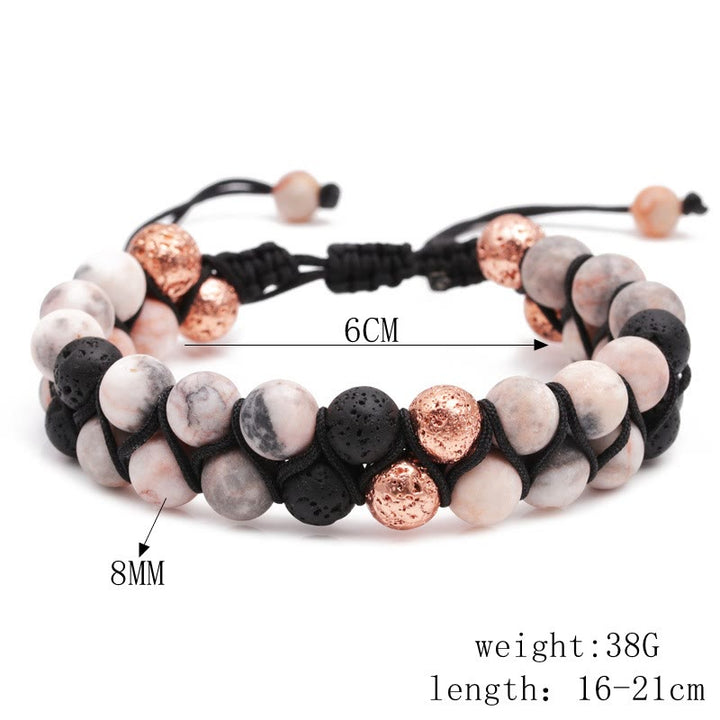 Bracelet tressé Olivenorma 2 couches en pierre de lave et jaspe zèbre rose