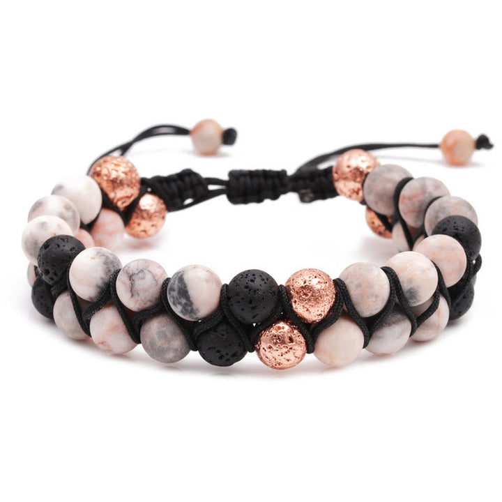Bracelet tressé Olivenorma 2 couches en pierre de lave et jaspe zèbre rose
