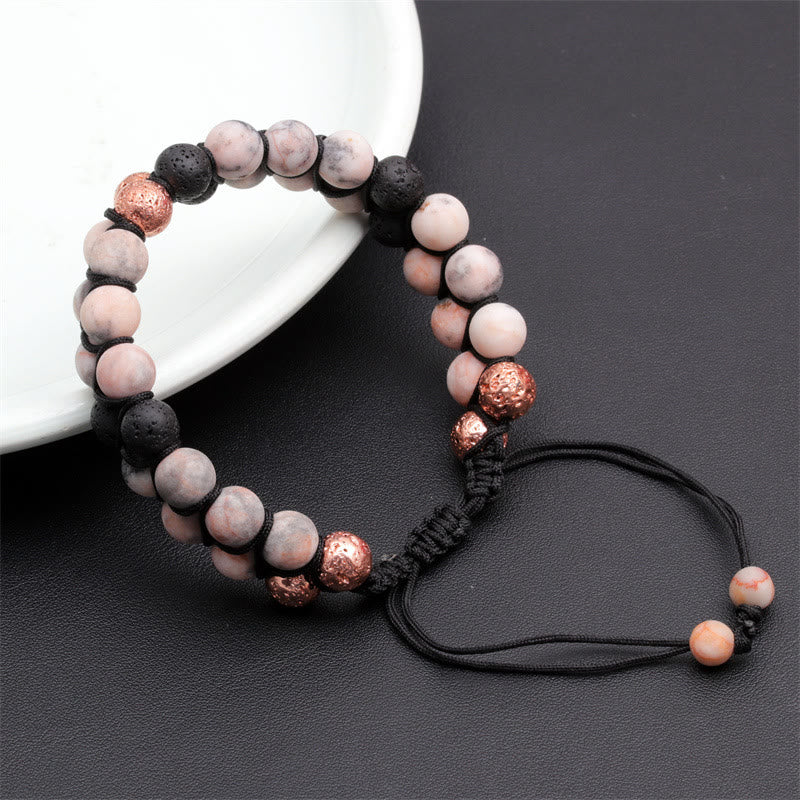 Bracelet tressé Olivenorma 2 couches en pierre de lave et jaspe zèbre rose