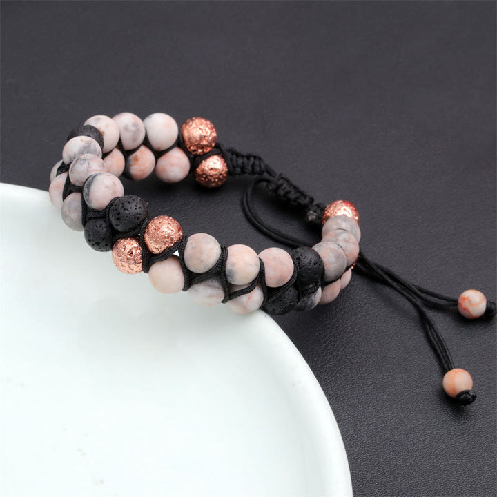 Bracelet tressé Olivenorma 2 couches en pierre de lave et jaspe zèbre rose