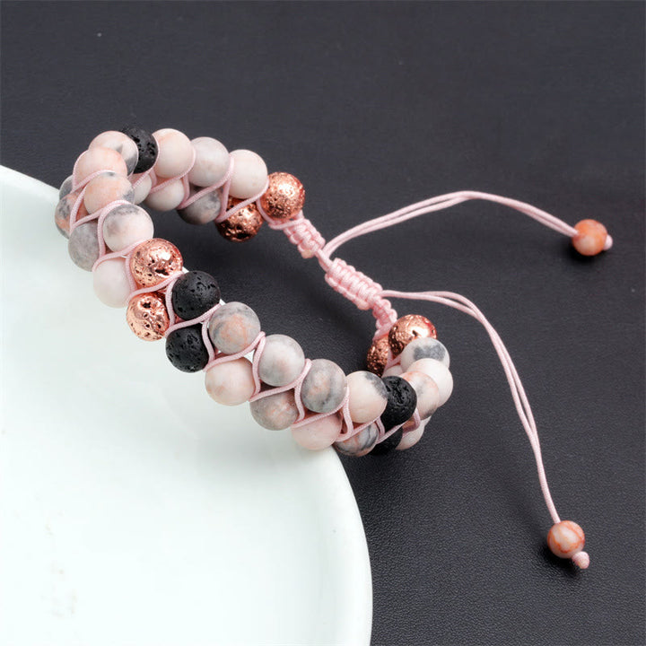 Bracelet tressé Olivenorma 2 couches en pierre de lave et jaspe zèbre rose