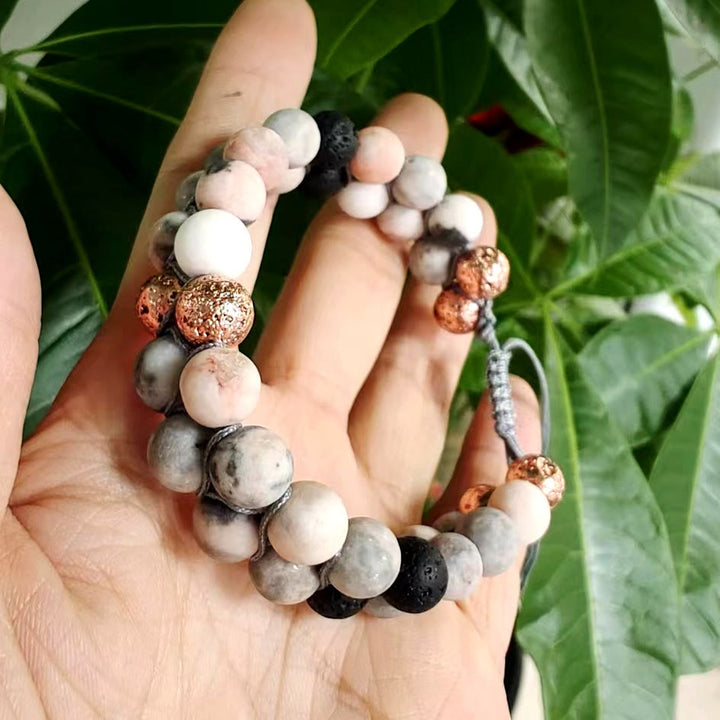Bracelet tressé Olivenorma 2 couches en pierre de lave et jaspe zèbre rose