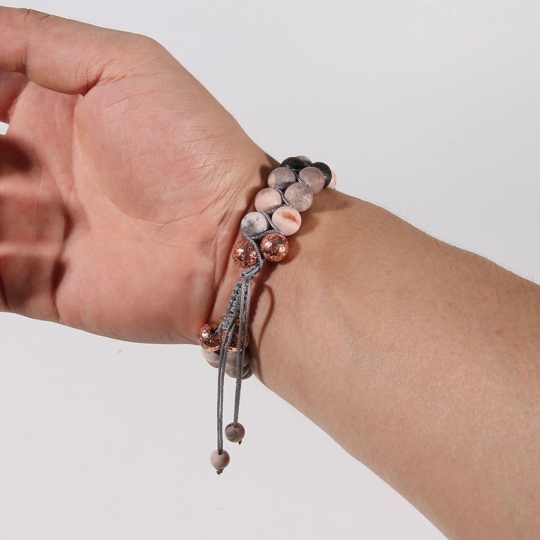 Bracelet tressé Olivenorma 2 couches en pierre de lave et jaspe zèbre rose