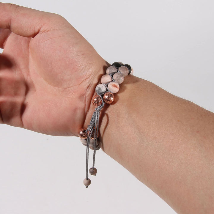 Bracelet tressé Olivenorma 2 couches en pierre de lave et jaspe zèbre rose
