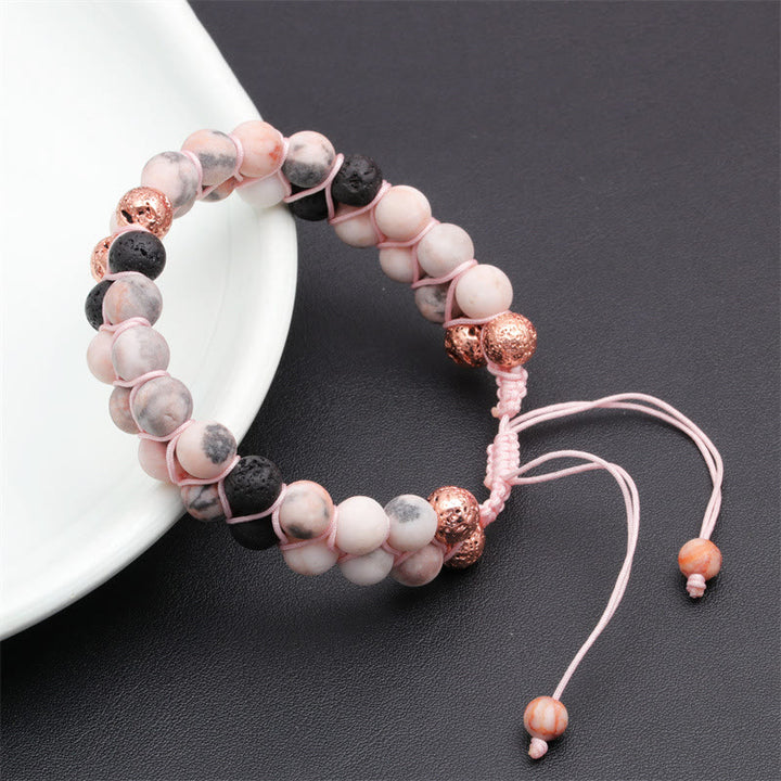 Bracelet tressé Olivenorma 2 couches en pierre de lave et jaspe zèbre rose