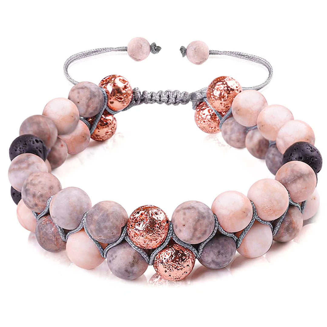 Bracelet tressé Olivenorma 2 couches en pierre de lave et jaspe zèbre rose