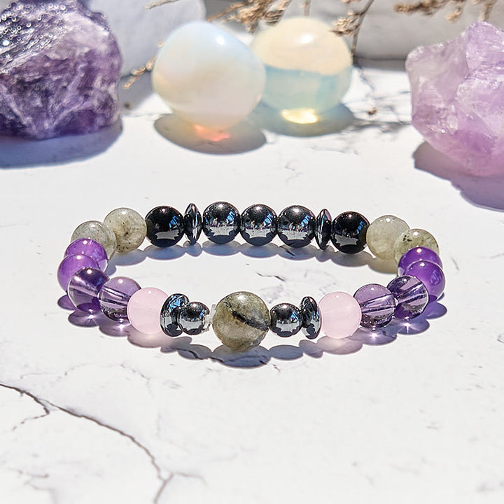 Bracelet de perles en hématite et labradorite, améthyste et quartz rose Olivenorma
