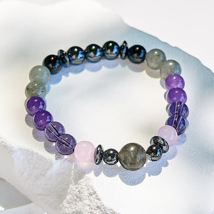 Bracelet de perles en hématite et labradorite, améthyste et quartz rose Olivenorma