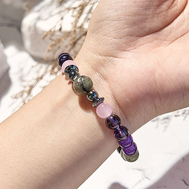 Bracelet de perles en hématite et labradorite, améthyste et quartz rose Olivenorma