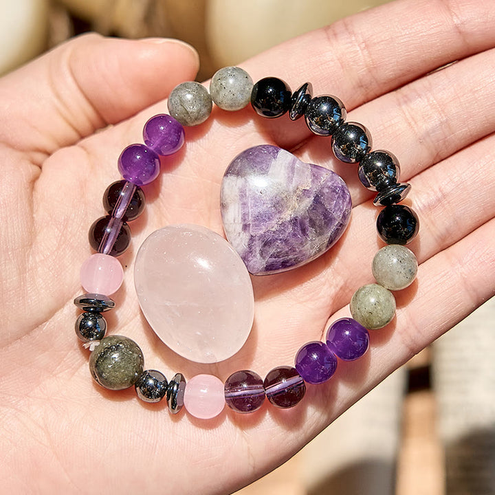 Bracelet de perles en hématite et labradorite, améthyste et quartz rose Olivenorma