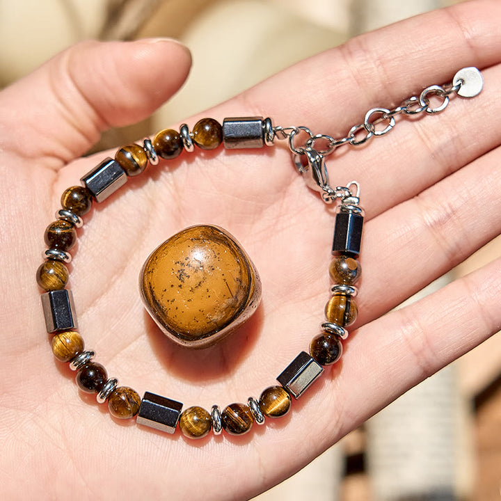 Bracelet en perles d'oeil de tigre en hématite à 6 cylindres Olivenorma