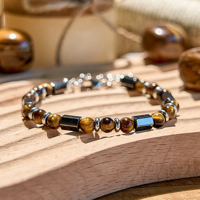 Bracelet en perles d'oeil de tigre en hématite à 6 cylindres Olivenorma