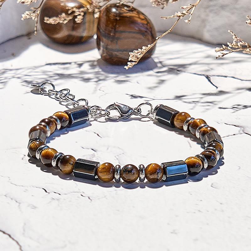 Bracelet en perles d'oeil de tigre en hématite à 6 cylindres Olivenorma