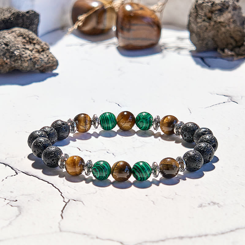 Bracelet de perles en pierre de lave, malachite et œil de tigre Olivenorma