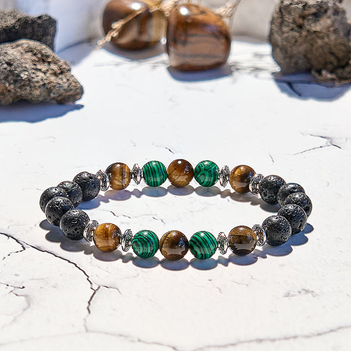 Bracelet de perles en pierre de lave, malachite et œil de tigre Olivenorma