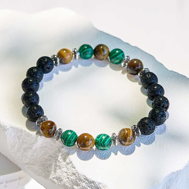 Bracelet de perles en pierre de lave, malachite et œil de tigre Olivenorma
