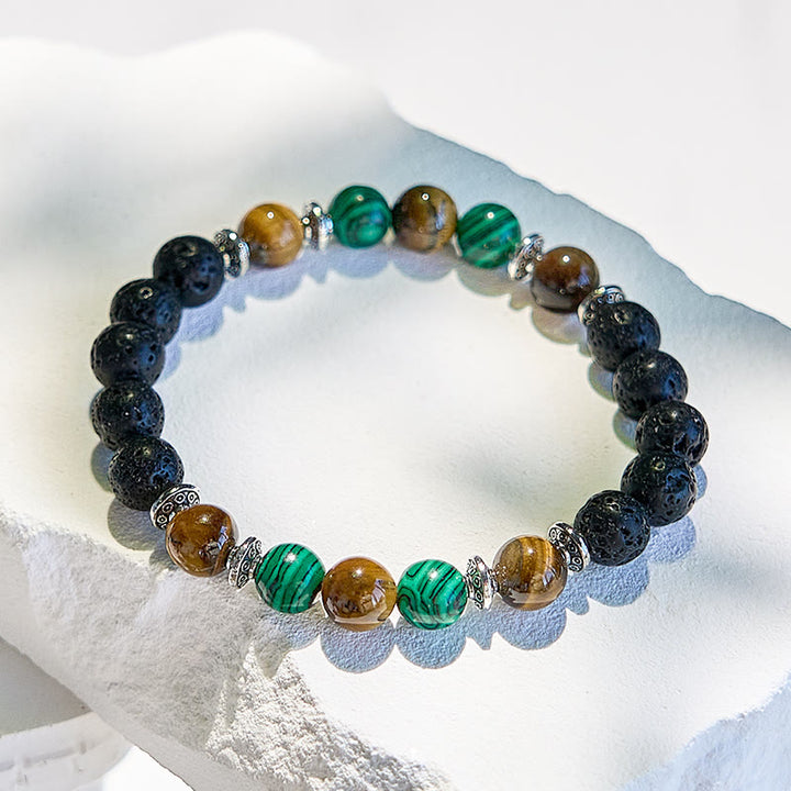 Bracelet de perles en pierre de lave, malachite et œil de tigre Olivenorma