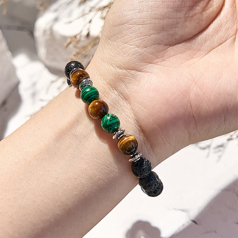 Bracelet de perles en pierre de lave, malachite et œil de tigre Olivenorma