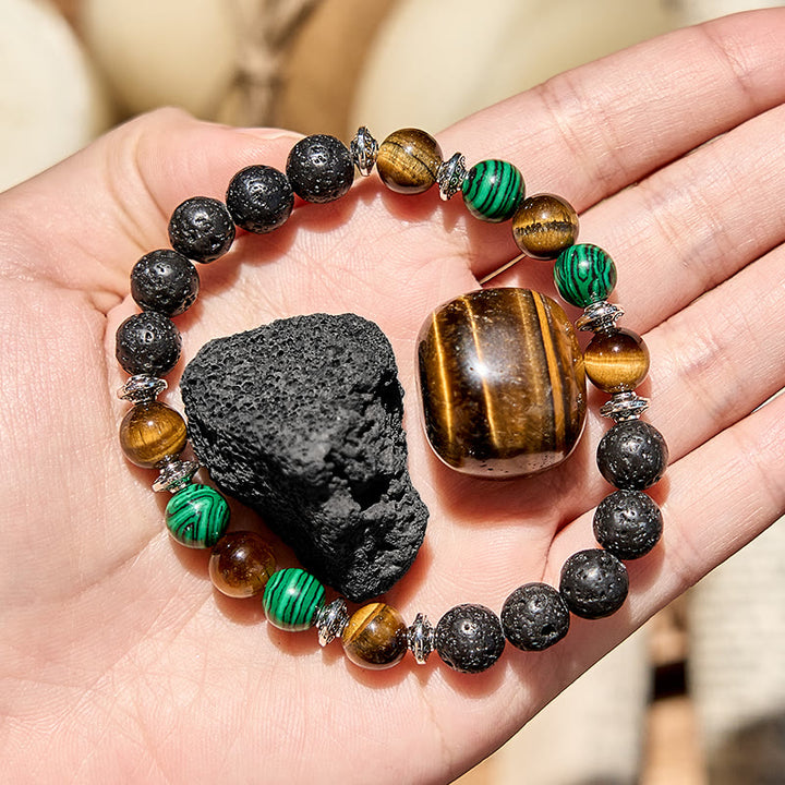 Bracelet de perles en pierre de lave, malachite et œil de tigre Olivenorma