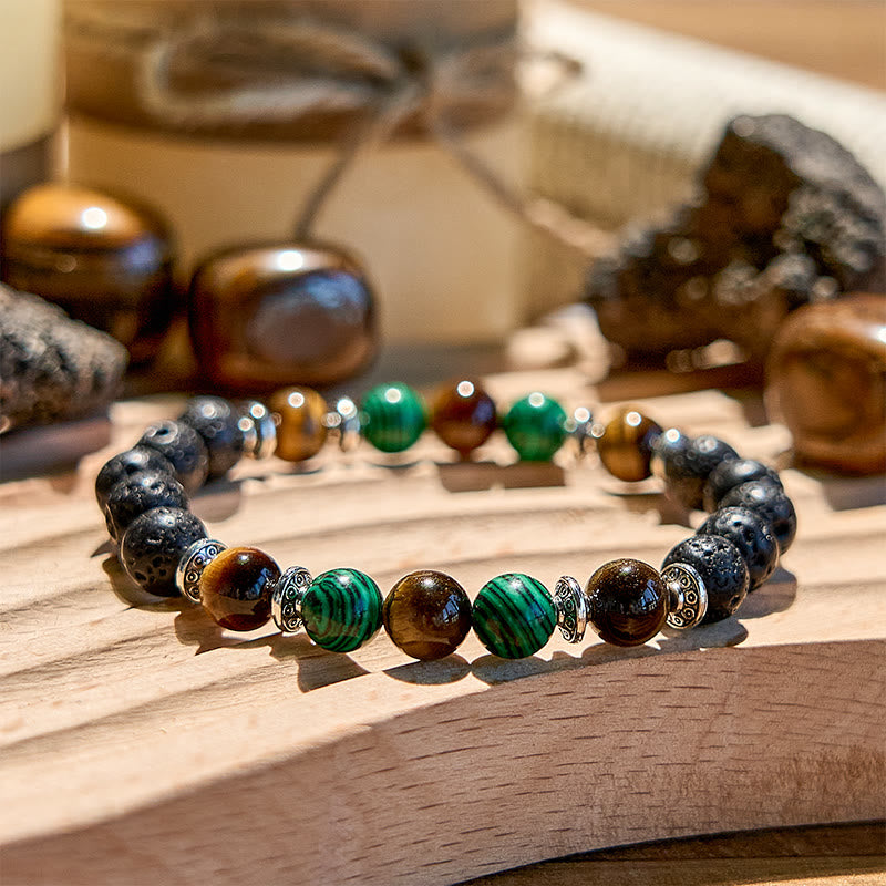 Bracelet de perles en pierre de lave, malachite et œil de tigre Olivenorma