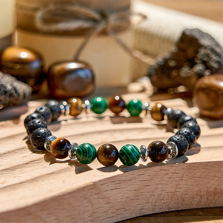 Bracelet de perles en pierre de lave, malachite et œil de tigre Olivenorma