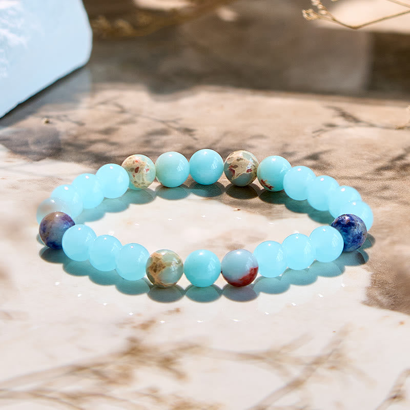 Bracelet de perles d'aigue-marine en agalmatolite naturelle Olivenorma
